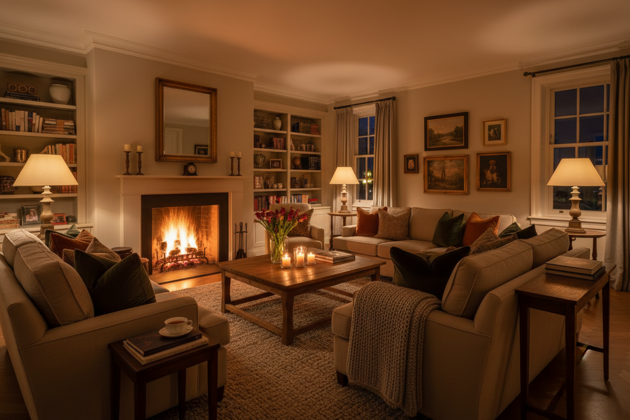 cozy living room at night time