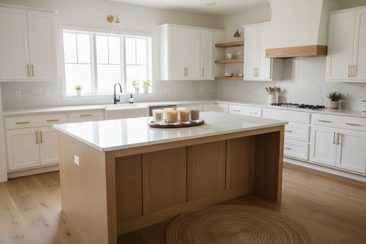 large white and wood kitchen with 5 candles on the island, all 10 oz and 3 natural colors